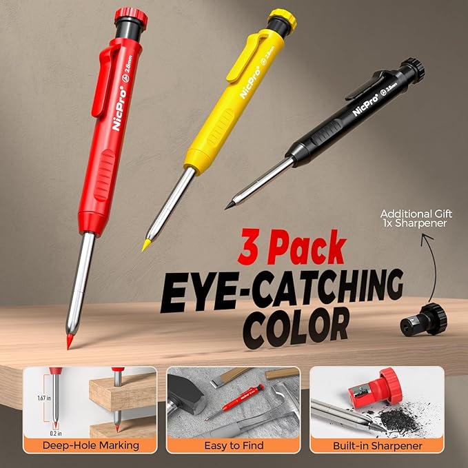 Nicpro 3 Pack CP1000 Carpenter Pencil with Sharpener, Mechanical Carpenter Pencils with 39 Refills, Deep Hole Long Nib Marker Pens for Construction, Heavy Duty Woodworking Pencil for Architect Marking