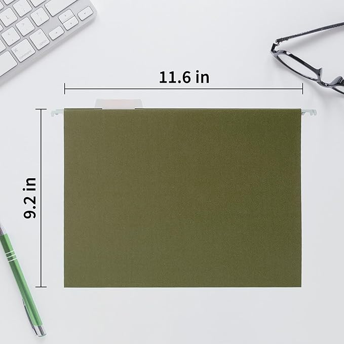 25 Packs Hanging File Folders,Dark Green Letter Size File Folder,Designed for Bulky Files,Filing Cabinet,1/5 Adjustable Tabs for Office,School,Home