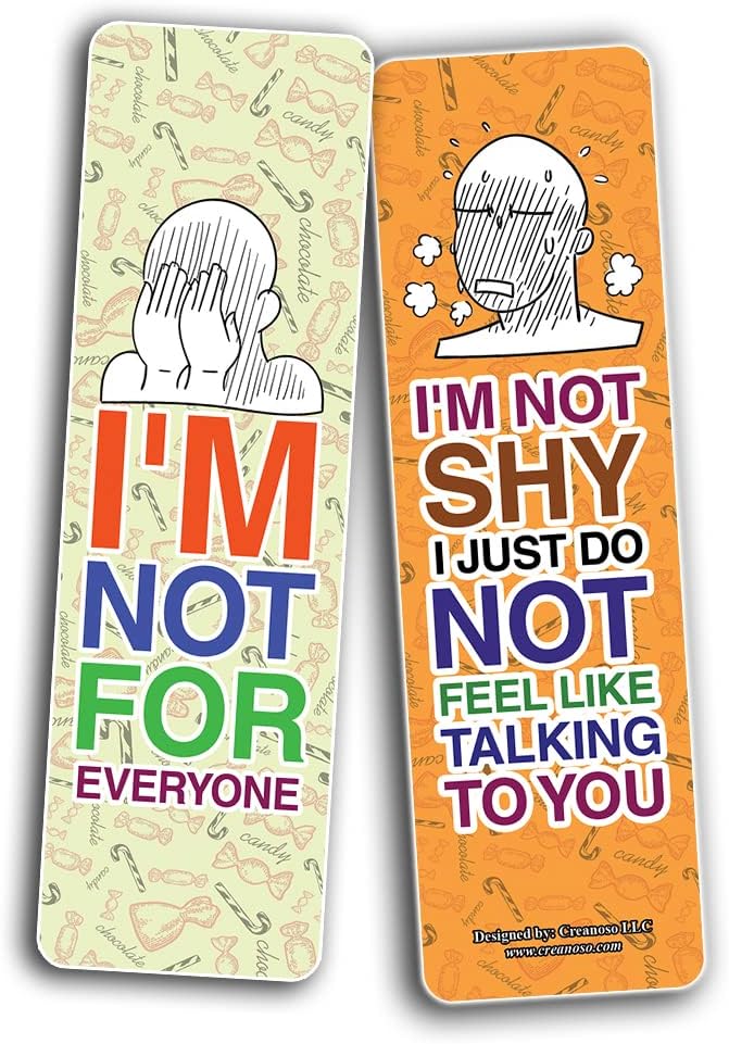 Creanoso Funny Shy Bookmarks (2-Sets X 6 Cards – Daily Inspirational Card Set – Interesting Book Page Clippers – Great Gifts for Adults and Teens