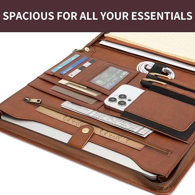 Genuine Leather Portfolio Binder, Zippered Padfolio for Men Women, Business Folio with 8.5” x 11” Notebook Holder and 13” Laptop Sleeve, Professional Executive Folder, Brown, Oil Tanned