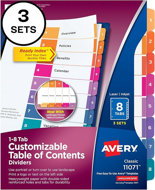 Avery 8 Tab Dividers for 3 Ring Binders, Customizable Table of Contents, Multicolor Tabs, 3 Sets (11071)