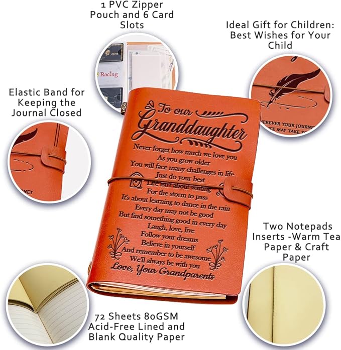 Granddaughter Birthday Gifts from Grandma Grandpa, GIFTRRY To My Granddaughter Leather Journal, 140 Page Refillable Journal, Unique Christmas Birthday Gifts for Granddaughter from Grandparents