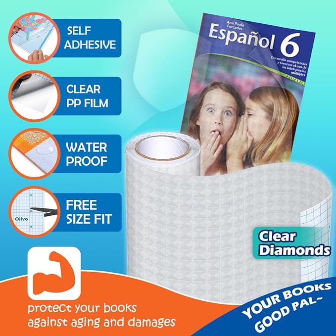 Diamonds Clear Contact Paper Roll for Books Crafts, 17.5in x 10ft Sticky Adhesive Clear Plastic Cover Protector Film Liner