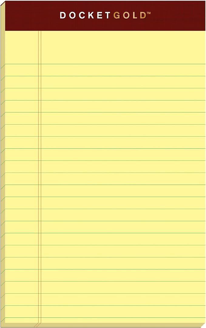 TOPS Docket Gold Writing Pads, 5" x 8", Jr. Legal Rule, Canary Paper, 50 Sheets, 6 Pack (99704)