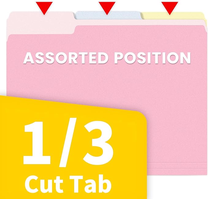 SUNEE File Folders, 100 Pack Manila File Folders 1/3 Cut Letter Size, Colored Folders,Office Organization,Folders for School,Files Paper Home and Classroom,5 Bright Color