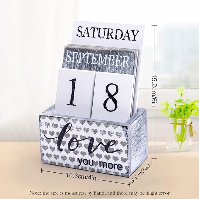 Notakia Perpetual Calendar Wooden Calendar Blocks Vintage Wood Block Calendar for Home Office Desk Accessories Week Month Date Display (Love you more)