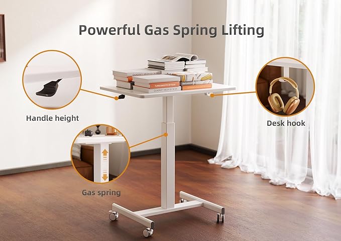 Mobile Standing Desk, Small Rolling Standing Desk, Mobile Desk Workstation with Wheels, Pneumatic Mobile Laptop Desk for Home Office with Hook, White