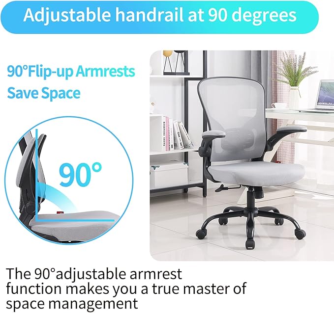 Flysky Ergonomic Office Desk Chair Breathable Mesh Swivel Computer Chair, Lumbar Back Support Task Chair, Grey Office Chairs with Flip-up Arms, Adjustable Height Executive Rolling Chair