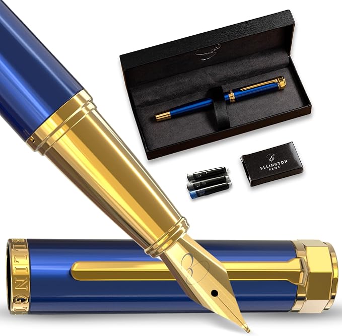 Luxury Fountain Pen Set- Fountain Pens for Writing - Smooth Extra Fine Nib - Includes Refillable Ink Converter, 3 Ink Cartridges [Black & Blue], Gift Box - Elegant Calligraphy