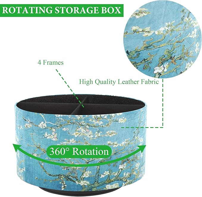 Hennaja Round Leather Art Supply Organizer,Remote Control Holder,360 Degree Rotating,Multi-Functional Pencil Holder,4 Compartments Desktop Stationary Organizer(1-Peach Blossom)