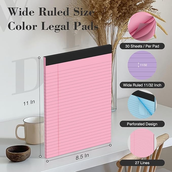 Colored Legal Pads 8.5 x 11 Legal Pads 2 Pack Wide Ruled Notepads Colored Note Pads 8.5x11 Perforated Legal Notepads 21LB Legal Pad 30 Sheets Writing Pads for School, College, Office (Pink/Purple)