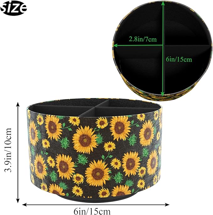 Hennaja Round Leather Art Supply Organizer,Remote Control Holder,360 Degree Rotating,Multi-Functional Pencil Holder,4 Compartments Desktop Stationary Organizer(1-Sunflower)