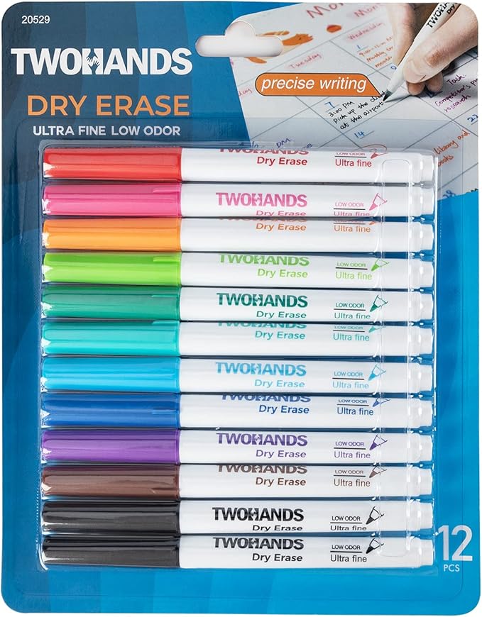 TWOHANDS Dry Erase Markers Ultra Fine Tip,0.7mm,Low Odor,Extra Fine Point,11 Assorted Colors,Whiteboard Markers for School,Office,Home,or Planning Whiteboard,12 Count,20529