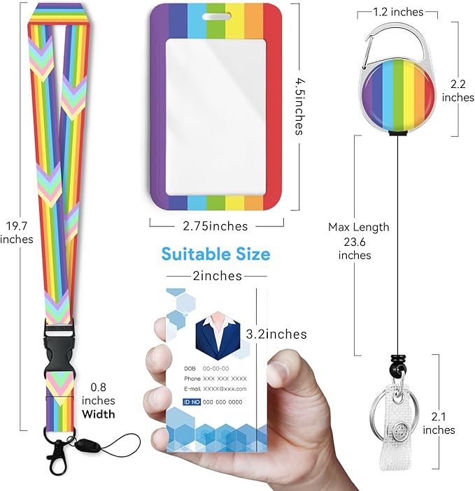 Rainbow Vertical Stripes Badge Holder with Retractable Reel and Breakaway Lanyard，Badge Clips Retractable Heavy Duty Badge Reel，Keychain，ID Holder with Breakaway Lanyard for School Nurse Office