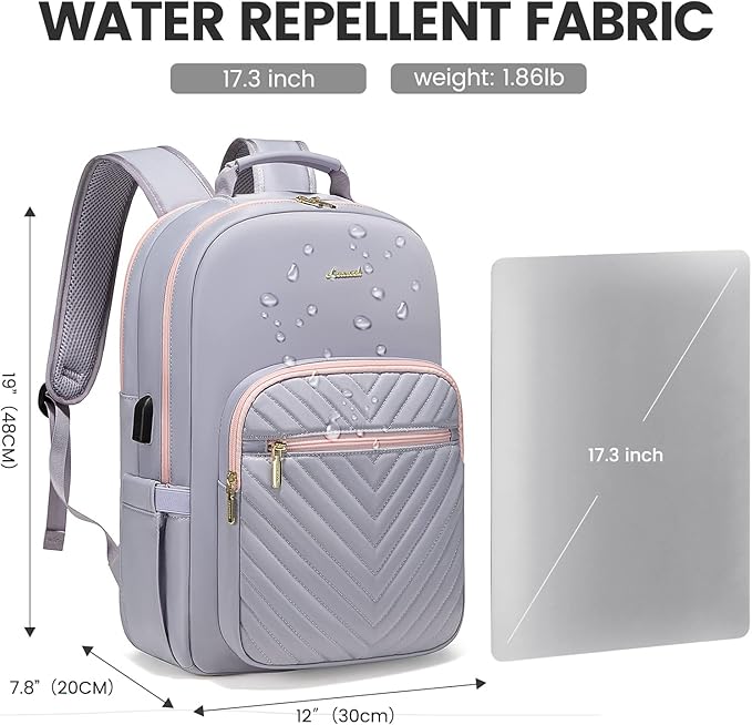 LOVEVOOK Laptop Backpack for Women 17.3 inch,Cute Womens Travel Backpack Purse,Professional Laptop Computer Bag,Waterproof Work Business College Teacher Bags Carry on Backpack with USB Port,Grey Pink
