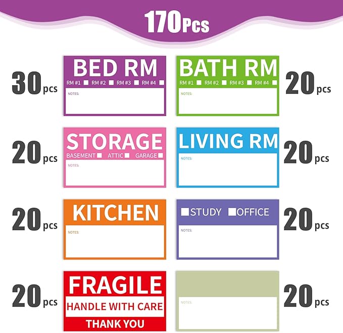 170 Home Moving Labels, 3.4 x 2 inches, 8-Color Coded Packing Box Stickers with Fragile and Blank Customizable Labels