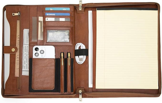 Genuine Leather Portfolio Binder, Zippered Padfolio for Men Women, Business Folio with 8.5” x 11” Notebook Holder and 13” Laptop Sleeve, Professional Executive Folder, Brown, Oil Tanned