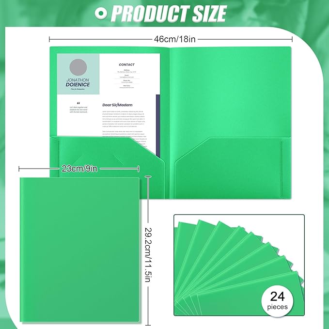 Gueevin 24 Pcs Plastic Folders with Pockets, Two Pocket Folder Fit Letter Size, Heavy Duty School Business Card Holder for Home Office School Bussiness, 11.61 x 9.45 Inches (Green)