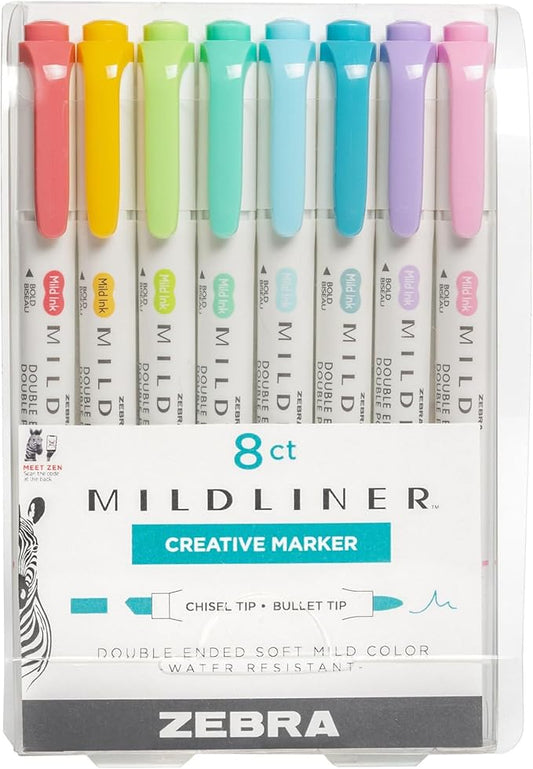 Zebra Pen 78108 Mildliner Double Ended Highlighter Set, Broad and Fine Point Tips, Assorted Ink Planner Colors, 8-Pack