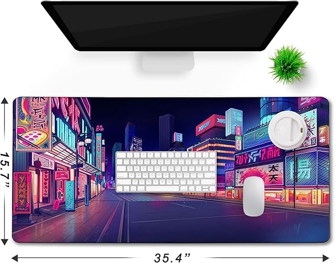 Japanese City Big Desk Mat Large Office Desk Pad, Durable Extended Mouse Mat, 35.4"x15.7" Computer Mousepad with Non-Slip Rubber Base & Stitched Edge for Home Office Gaming Work