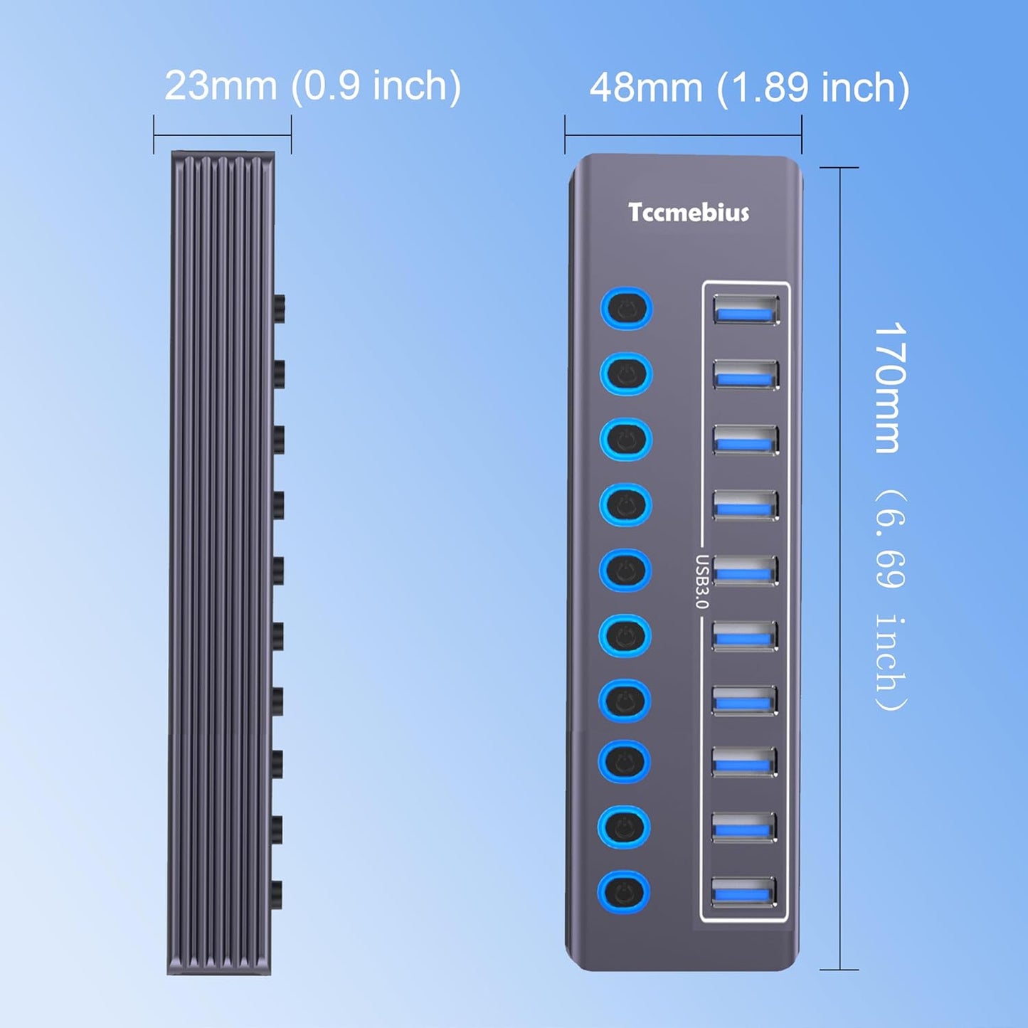 Powered 10-Port USB 3.0 Hub, USB C to 10 Ports USB Data Hub Splitter with Individual LED On/Off Switche, 3.3FT Cable, 12V/3A Power Adapter, for Laptop MacBook Pro/Air PC (Aluminum Gary)