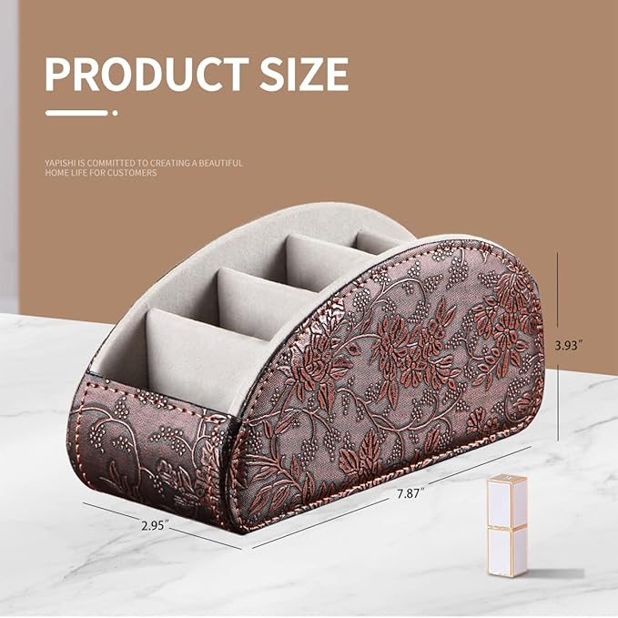 TV Remote Control Holder with 5 Compartments,Pu Leather Remote Caddy/Box/Tray Nightstand Desktop Storage Organizer Store DVD,Blu-Ray,Media Player,Heater Controllers, Makeup Office Supplies