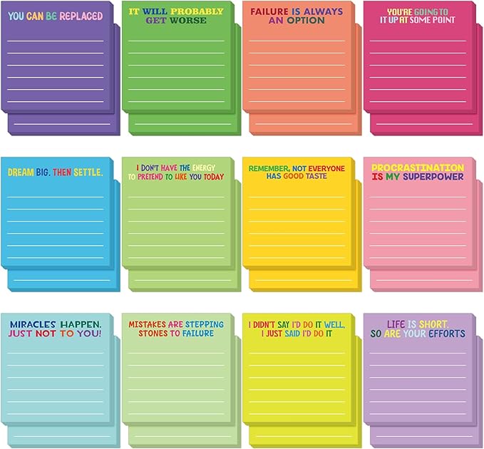 Yinder 24 Pcs Inspirational Sticky Notes with Lines Cute Motivational Sticky Notes Pad Employee Appreciation Gifts Bulk for Teacher Nurse Coworkers Office Supplies 3 x 3''(Bright Color,Demotivation)