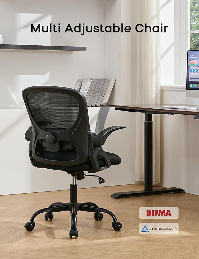 Mesh Office Chair Ergonomic Desk Chair with Up&Down Front&Rear 2 Dimensions Adjustable Lumbar Support and Flip-up Arm Rocking Comfy Swivel Computer Task Chair for Home Office(Black-Black)