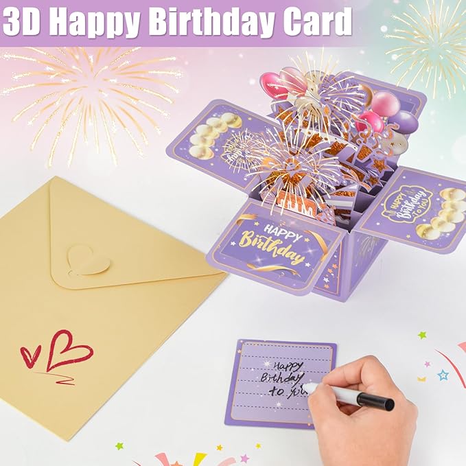 Surprise Pop Up Happy Birthday Cards, Lovely 3D Birthday Card for Adults and Kids with Envelopes, Unique Design Handmade Foldable Greeting Cards for Daughter, Son, Mom, Dad, Friend（Purple）