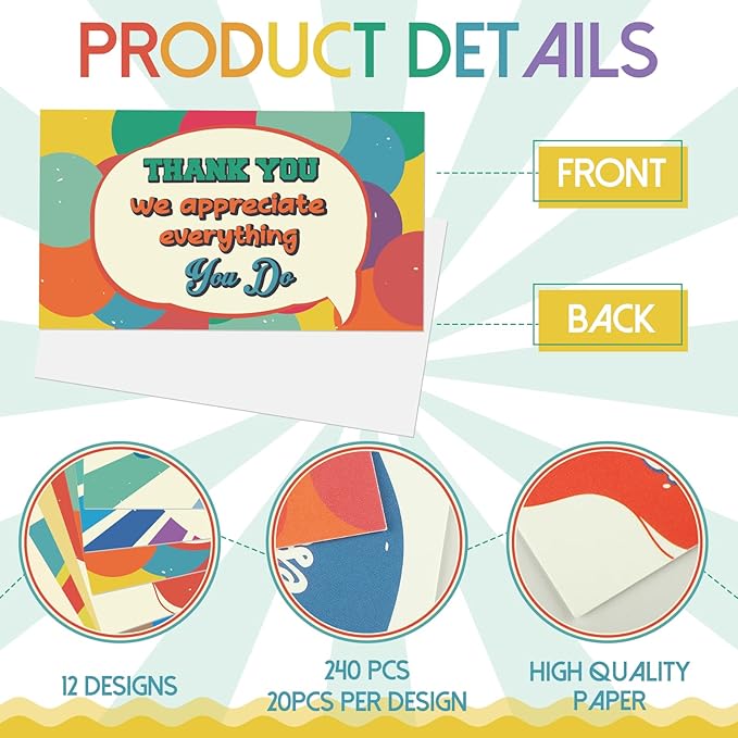 Yeaqee 240 Pcs Employee Appreciation Kudos Cards Funny Blank Back Motivational Card Encouragement Thank You Note Recognition Card for Teacher College Affirmation Gift(Rainbow)