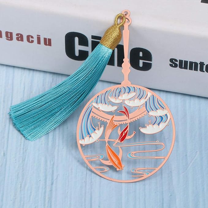 TOYANDONA Bookmarks with Tassels Hollow Book Mark Chinese Retro Bookmarks Vintage Bookmarks Retro Bookmarks Plant Printing Rose Gold Book Page Holder Round Fan Metal