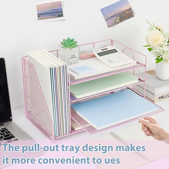OPNCIE Desk Organizers and Accessories, 4 Tier Paper Letter Tray File Organizer, Office Organization Storage Desk Accessories Workspace Desktop Organizer for Classroom Office Supplies Decor, Pink