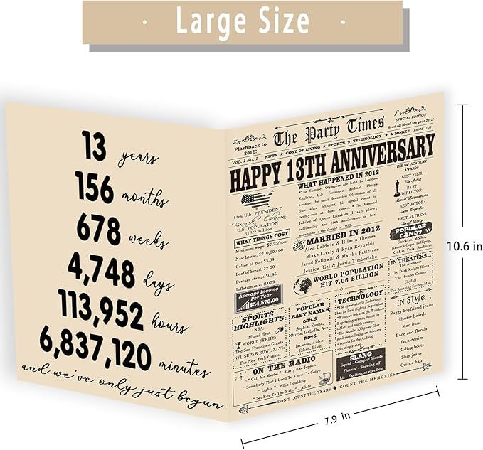 YiKaLus Big 13th Anniversary Card Gift for Him Her, Retro 13 Year Wedding Anniversary Decoration for Husband Wife, Aday Gifts for Women Men
