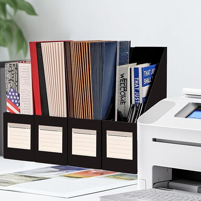 Magazine File Holder( 4Pack,Black) Paperboard Book Organizer- Desk Magazine File Organizer for Home, Office, Classroom-Storage Box for Dounments with Label Stickers.