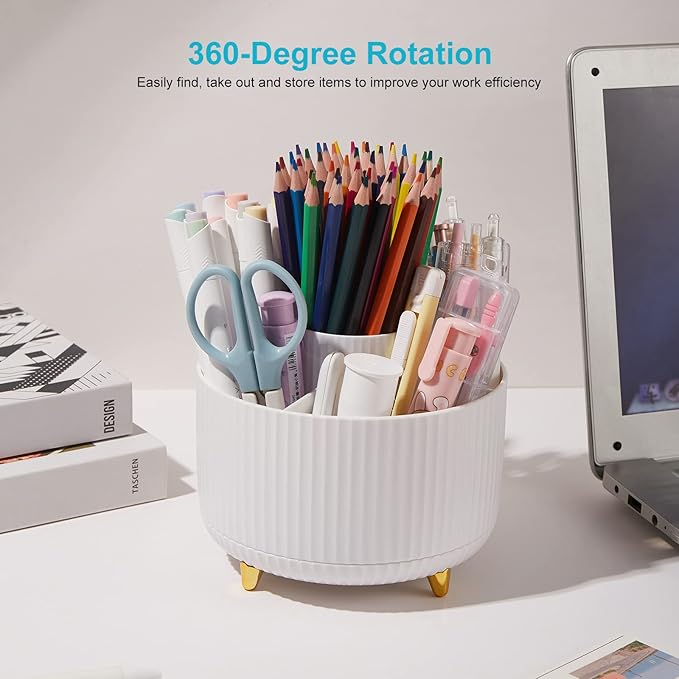 Desk Pencil Pen Holder - 5 Slot 360 Degree Rotating Desk Pen Organizer for Desktop Storage Stationery Supplies Cup Pot - White