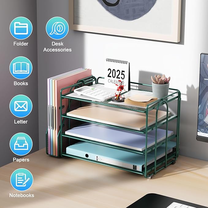 gianotter 2025 New Large Capacity Desk Organizer with Detachable Magazine Holder, 4-Tier Paper Organizer Letter Tray, Desk Accessories for A4 Paper and Document Storage(Green)