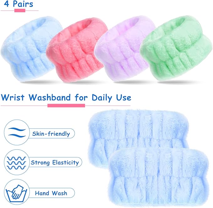 Chuangdi 4 Pairs Wrist Bands for Washing Face Wrist Spa Microfiber Wash Towel Band Scrunchies Absorbent Wristbands Sweatband for Women Prevent Liquid from Spilling