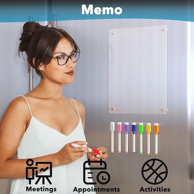 Acrylic Magnetic Dry Erase Board for Fridge, Clear Whiteboard for Refrigerator, Notepad Memo to Do/Grocery List White Board, w/ 8 Colors Markers, 12"x9"