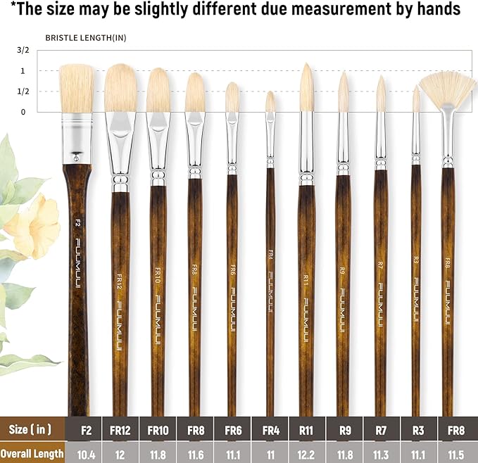 Fuumuui Professional Oil Paint Brush Set, 11pcs Superior Hog Bristle Paint Brushes Perfect for Oil Acrylic Gouache Painting