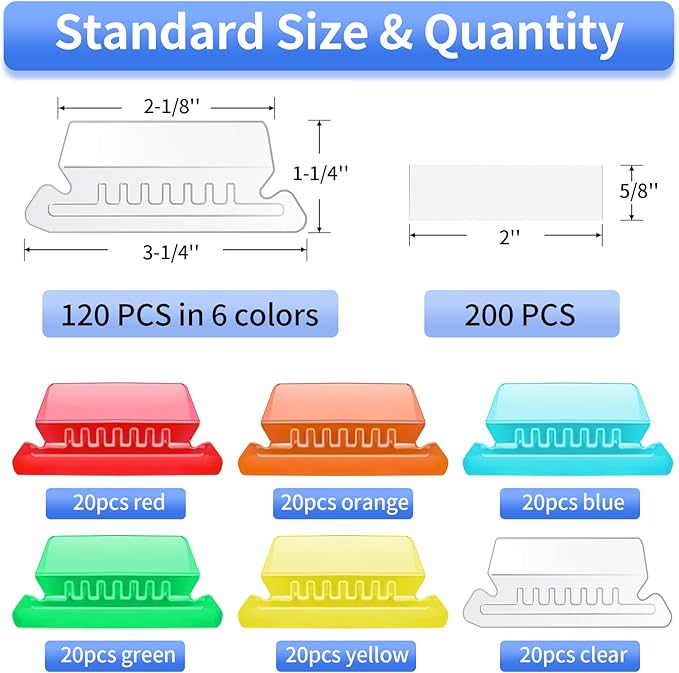 Hanging File Folder Tabs, 120 Pcs File Folder Tabs and 200 Pcs Inserts, File Tabs for Hanging Folders, Plastic Hanging Folder Tabs, Clear Hanging File Tabs for File Folders(Multicolor)