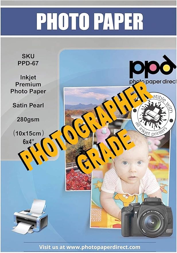 PPD Satin Photo Paper for Inkjet Printer, Premium Semi-Gloss Luster Finish 4 x 6 Size Sheets for Printable Photos, Thick 255 gsm 68 lbs 10.5 mil, White, Water Resistant & Instant Dry Prints (100 Pack)