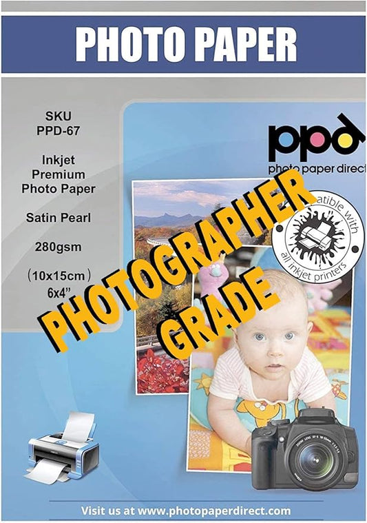 PPD Satin Photo Paper for Inkjet Printer, Premium Semi-Gloss Luster Finish 4 x 6 Size Sheets for Printable Photos, Thick 255 gsm 68 lbs 10.5 mil, White, Water Resistant & Instant Dry Prints (100 Pack)
