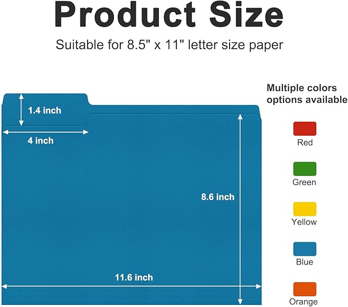 ViVin File Folder, 250 Pack Colored File Folders with 1/3-Cut Tabs, Fits 8.5 * 11 Letter Size Paper, Manilla Folders for Home Office School Documents(Assorted)