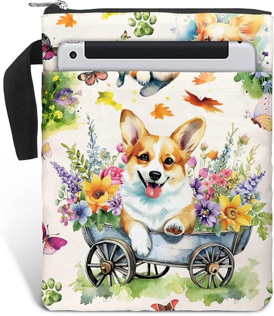 84hoods Book Cover Bag with Zipper and Front Pocket. Corgi and Book Lovers Gift. Washable Fabric 11 X 8.5 Inch Padded Protector Pouch for Paperbacks. Flower Garden