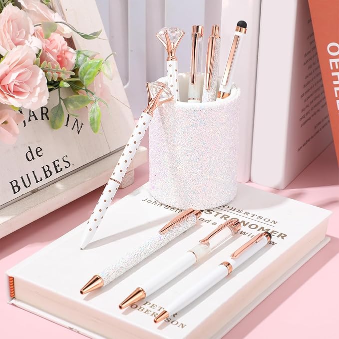 Sabary 8 Pcs Ballpoint Pens with Pen Holder for Desk Metal Crystal Diamond Pen Glitter Pencil Holder Fancy Pens Black Ink Bling Desk Organizer for Women Girls Office School Wedding Gifts (White)