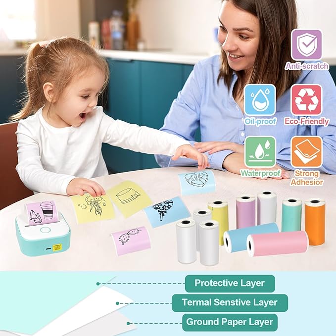 14 Rolls 53mmx28mm Thermal Printer Paper, Mini Colorful Self-adhesive Label Printer Paper for Phomemo Memoking Mini Printer, Small Printer T02/M02, Study Notes, Journal Photos (Multicolor)