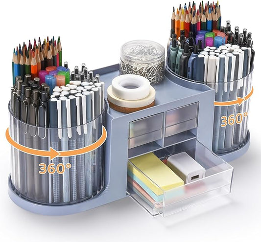 Rotating Desk Organizer with 2 Pen Holder, Desk Organizers and Accessories with 10 Slots Pencil Holder for Desk + 3 Drawer, Art Supply Storage Box Caddy for Office School Home (Blue)