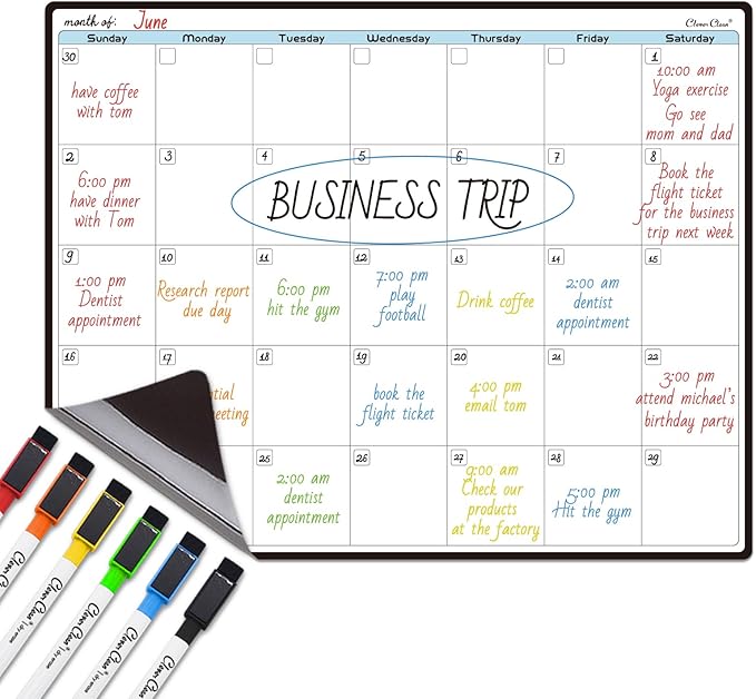 CLEVER CLEAN Magnetic Dry Erase Monthly Calendar - 14.25"x11.25" Monthly Calendar Board for Fridge - 6 Extra Fine Point Markers Included - Shipped Flat