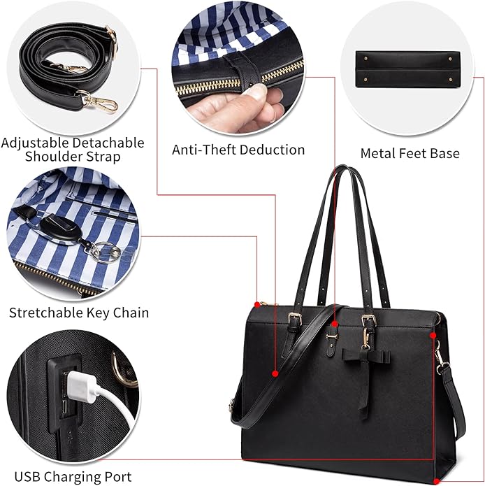 Keyli 4pc Sets Laptop Bag for Women Large Leather Laptop Briefcase with USB Charging Port Computer Shoulder tote Bags Purse