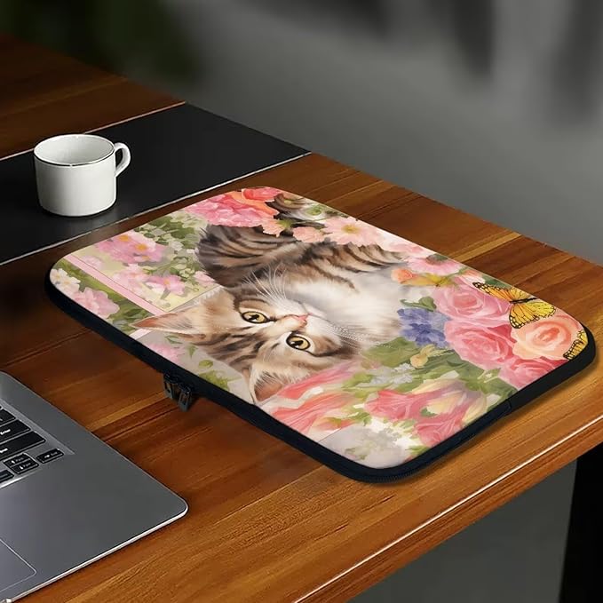Cat Rose Printed Laptop Bag for Women Men, Lightweight Laptop Briefcase 10 Inch Shockproof Computer Carrying Cover with Zipper, Easy to Carry Laptop Case Bag for Daily Commuting